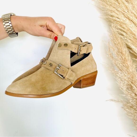 REBECCA MINKOFF Cream Beige Tan Cutout Buckle Stud Suede Ankle Boots Booties 6 - Picture 5 of 13